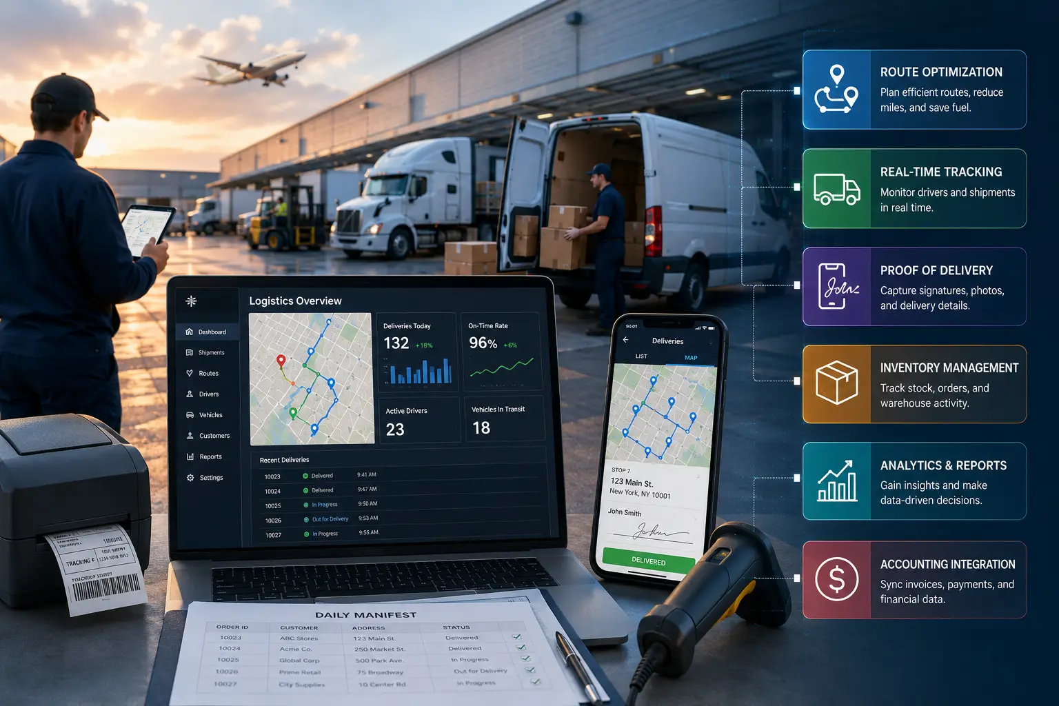 Logistics operation with delivery vans, workers, and digital tracking system on mobile and laptop screens