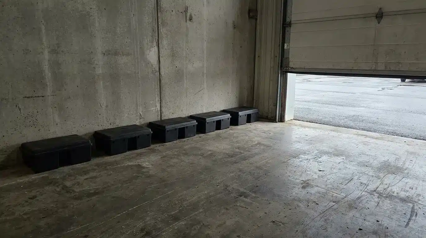 Five black storage containers lined against a concrete wall in an empty warehouse space