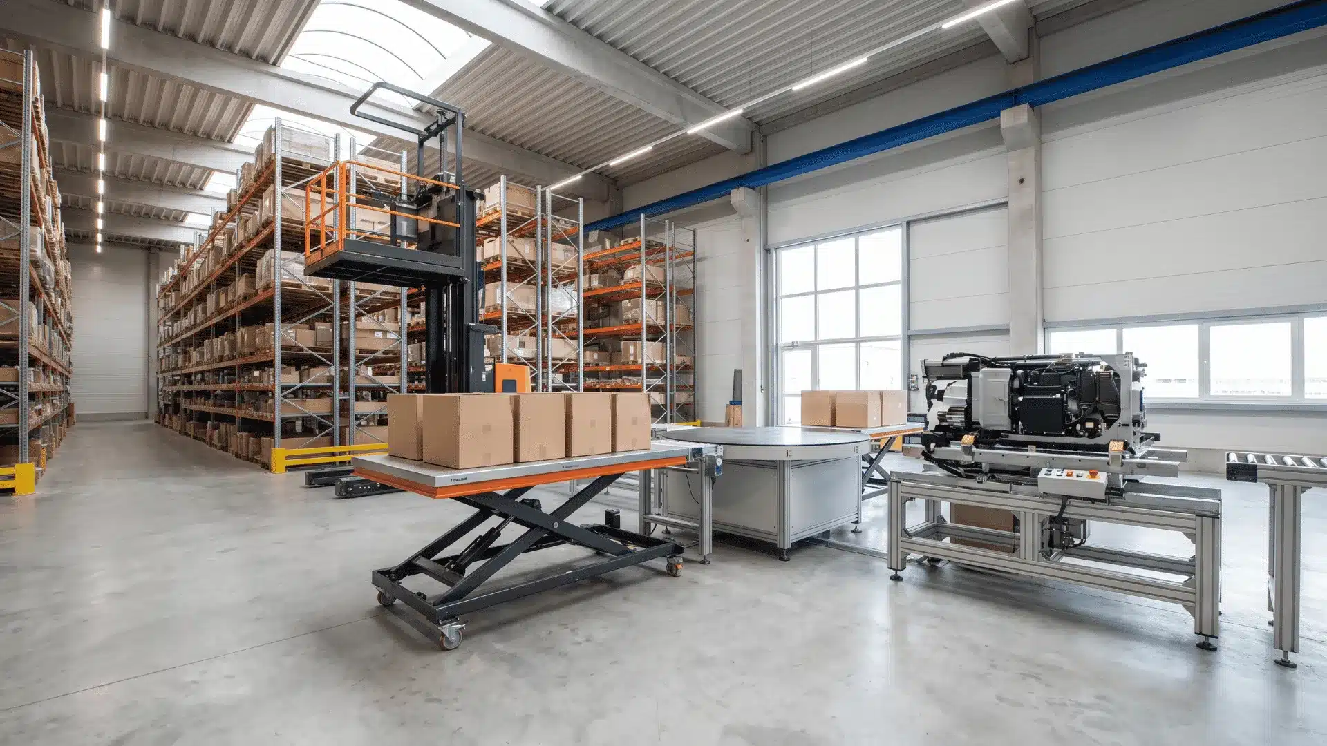 Warehouse with an order picker, lift table, turntable, and positioning equipment for material handling.