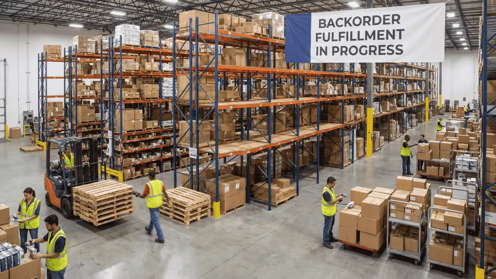 Warehouse with workers processing packages and a “Backorder Fulfillment in Progress” banner.