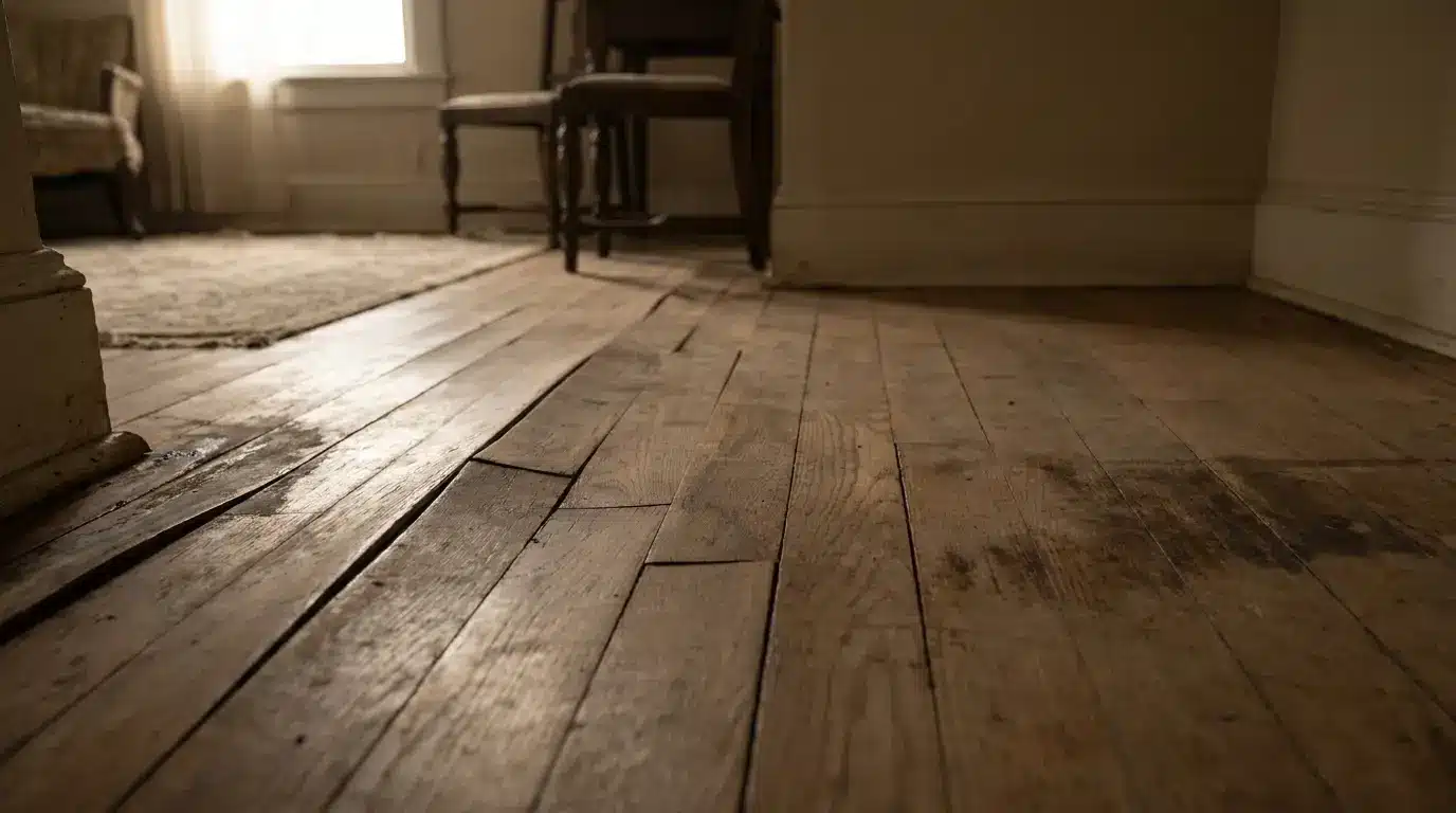 Worn wooden floorboards in dimly lit room with vintage chairs and a rug in the background