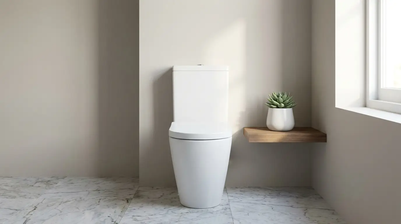 White ceramic toilet next to wooden shelf with succulent in minimalist bathroom