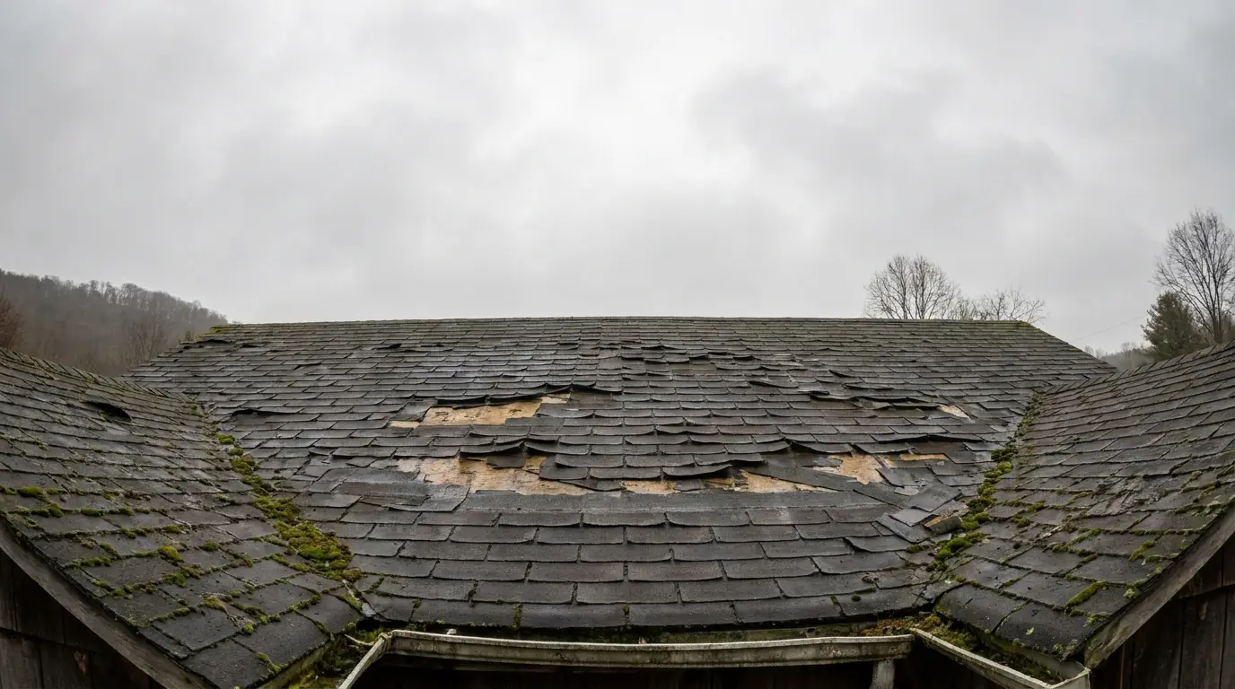 Damaged shingle roof with moss and missing tiles on cloudy day