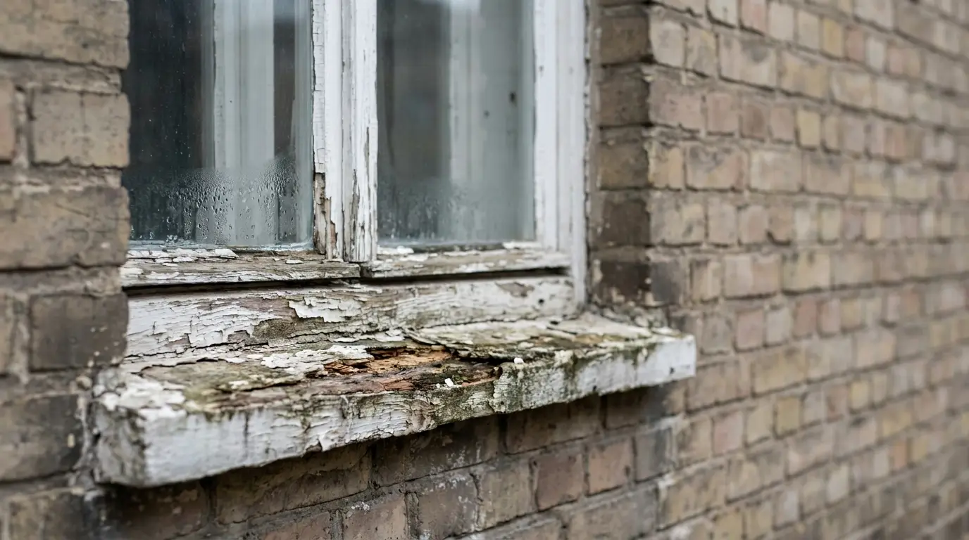 Peeling paint on old wooden window frame with condensation on glass in brick exterior wall