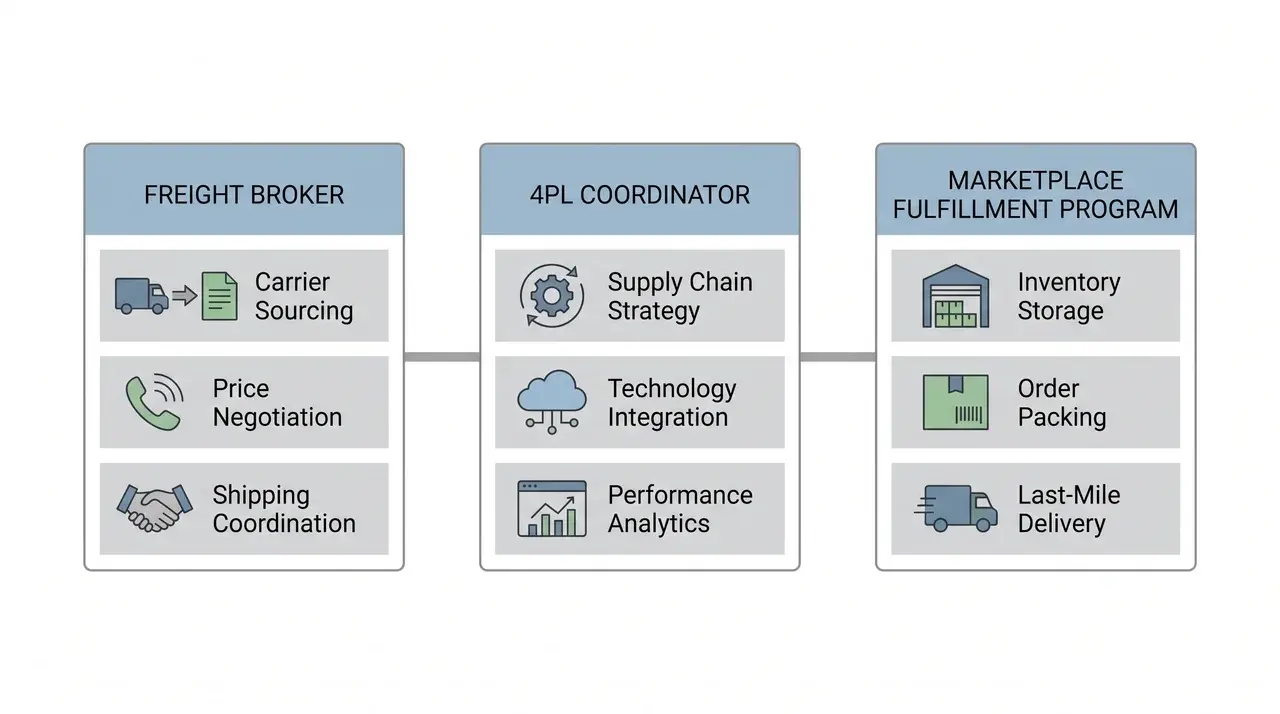 Flat diagram showing three labeled boxes distinguishing freight broker, 4PL, and marketplace fulfillment from a 3PL