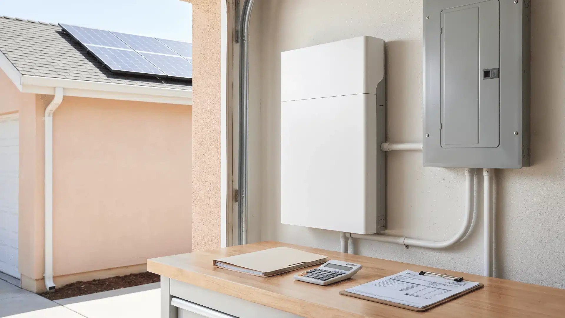 Home solar battery system installation showing backup storage, electrical panel, and cost-saving incentives for homeowners.