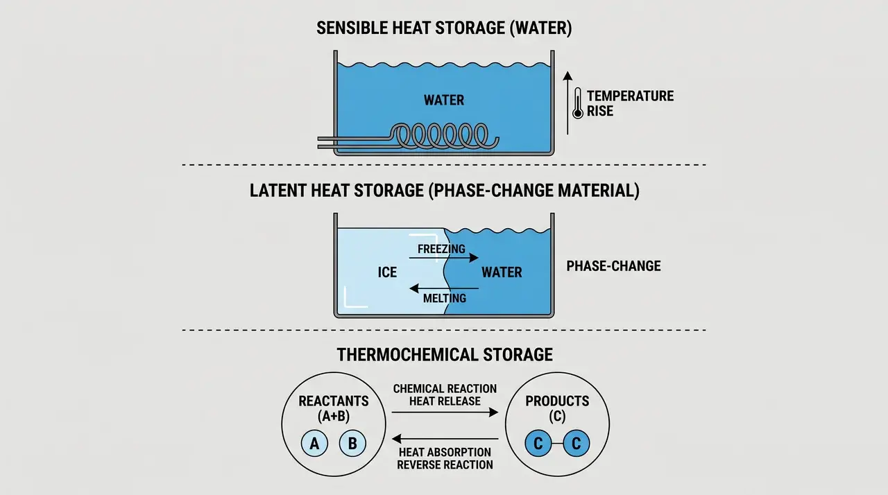 Diagram comparing sensible heat storage, latent heat storage, and thermochemical storage with water, ice, and chemical reaction examples.
