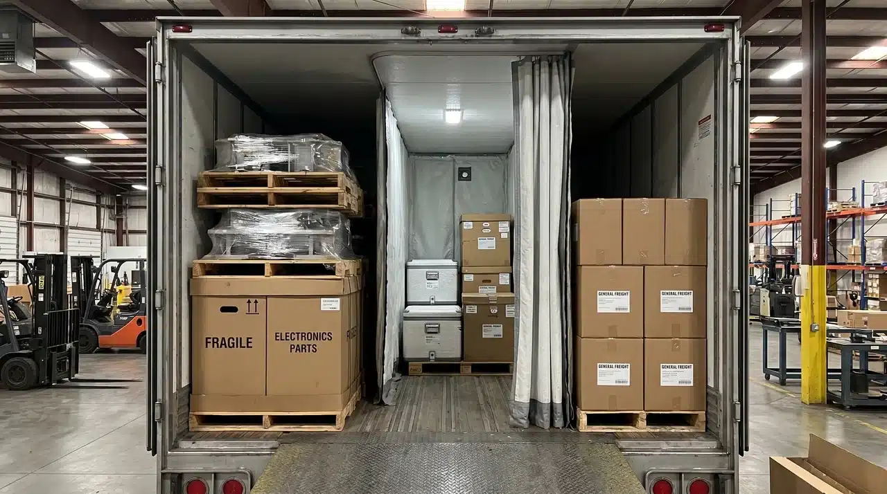 Mixed freight types inside a cargo trailer including pallets, electronics, and refrigerated goods