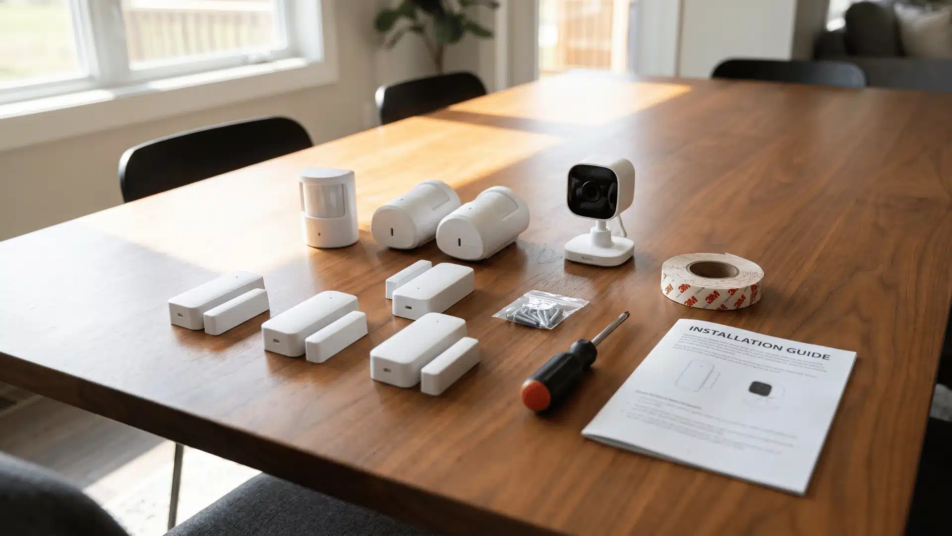 DIY home security components prepared for installation on a dining table.
