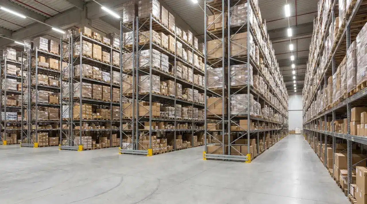Rows of cardboard boxes on metal shelving racks inside a large warehouse