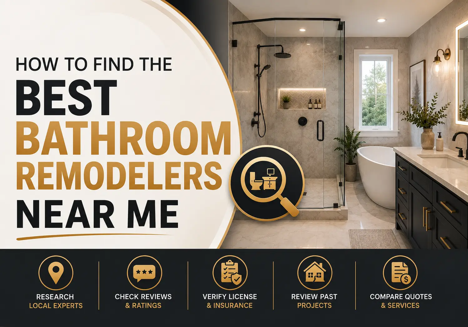 Modern bathroom with glass shower, freestanding bathtub, and double vanity under warm lighting
