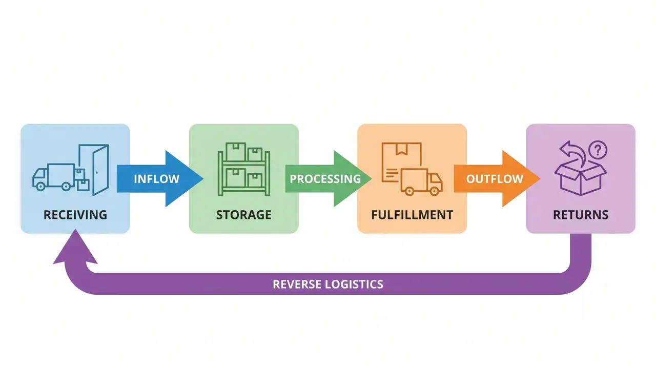 Flat diagram showing four connected logistics stages: receiving, storage, fulfillment, and returns
