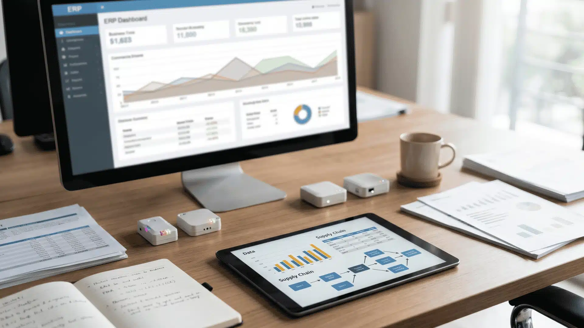 ERP dashboards, IoT sensors, and a tablet showing digital tools for supply chain optimization