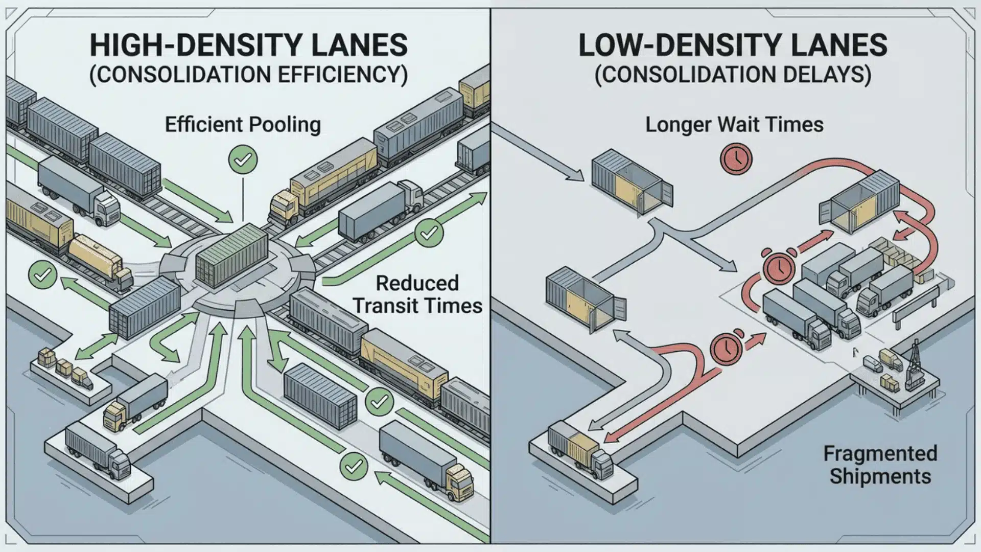 High-density lanes efficient, low-density lanes cause delays in consolidation