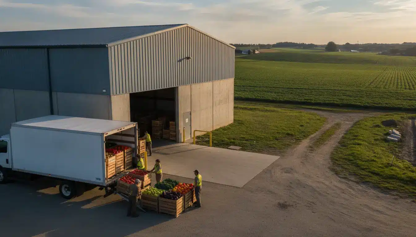 Truck unloading crates of vegetables outside warehouse in rural setting during sunset