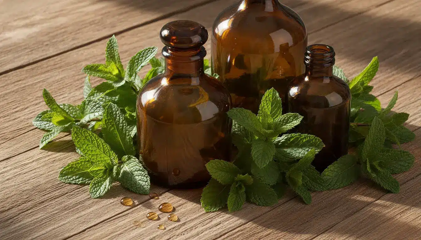 Brown glass bottles with mint leaves on wooden surface in natural light