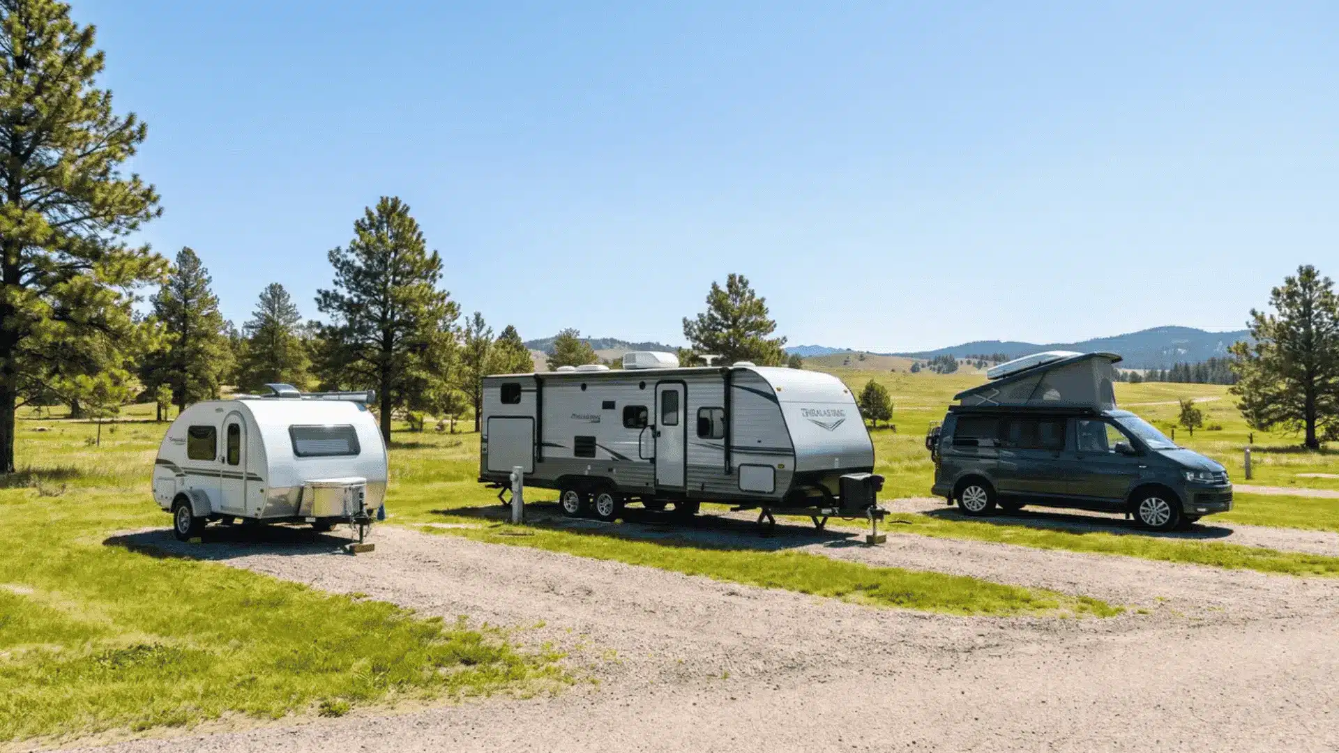 Compact trailer, larger travel trailer, and campervan displayed side by side for size comparison