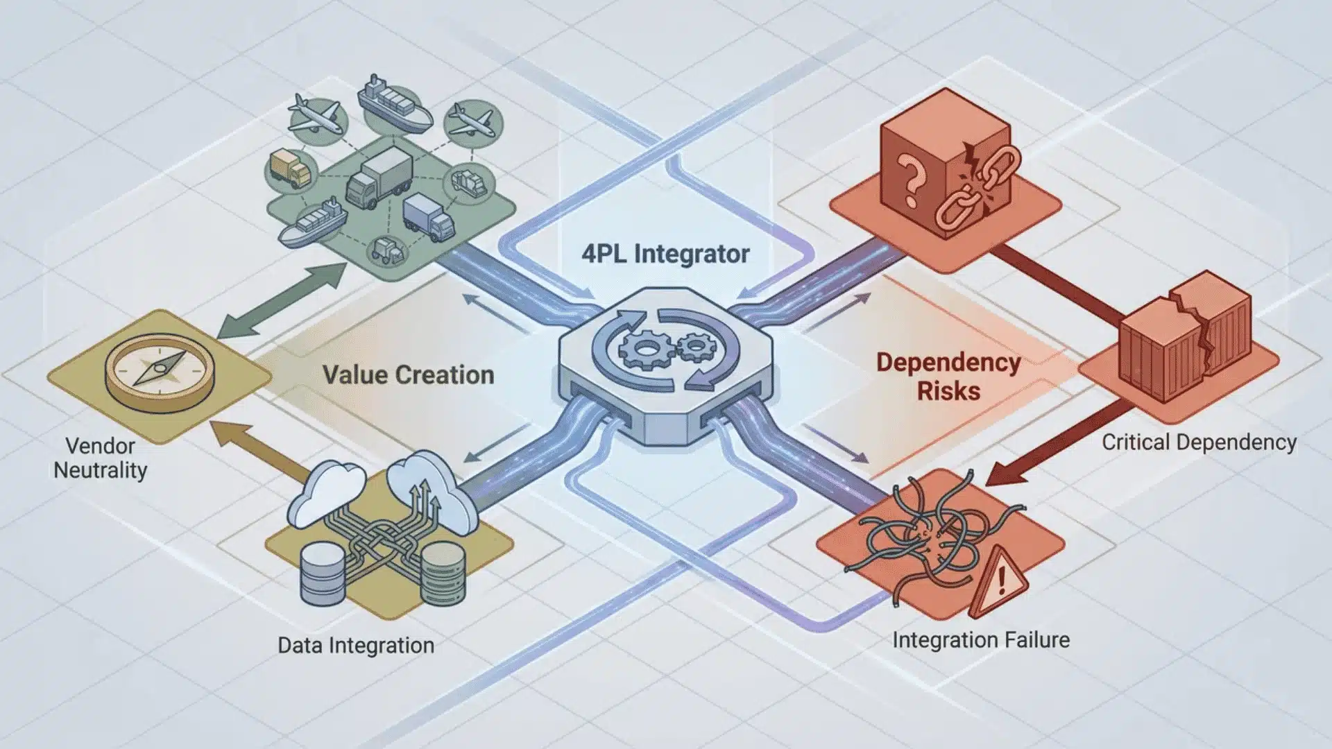 4PL network diagram highlighting value areas and potential dependency risks