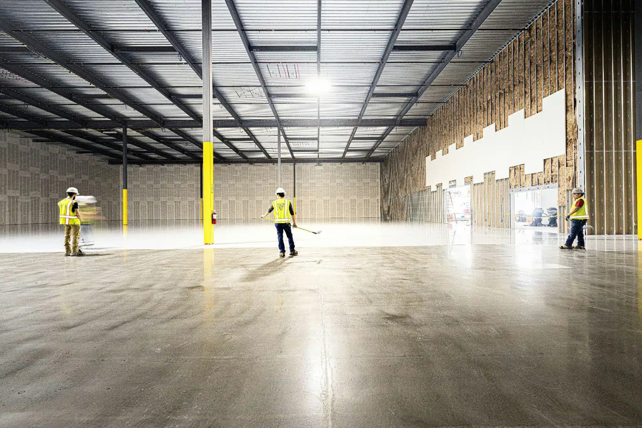 Construction workers in safety gear walking on smooth concrete floor in large warehouse space