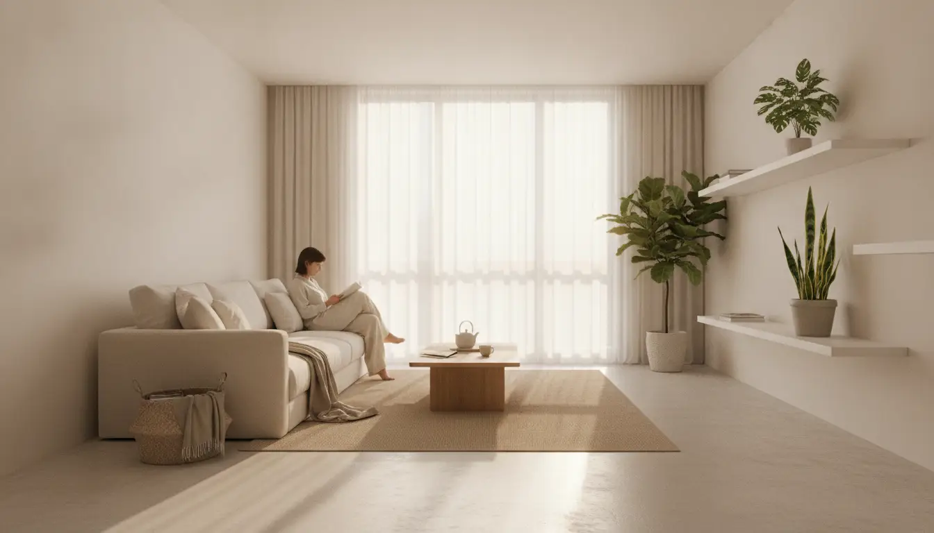 Woman reading on beige sofa in minimalist living room with potted plants and wooden coffee table
