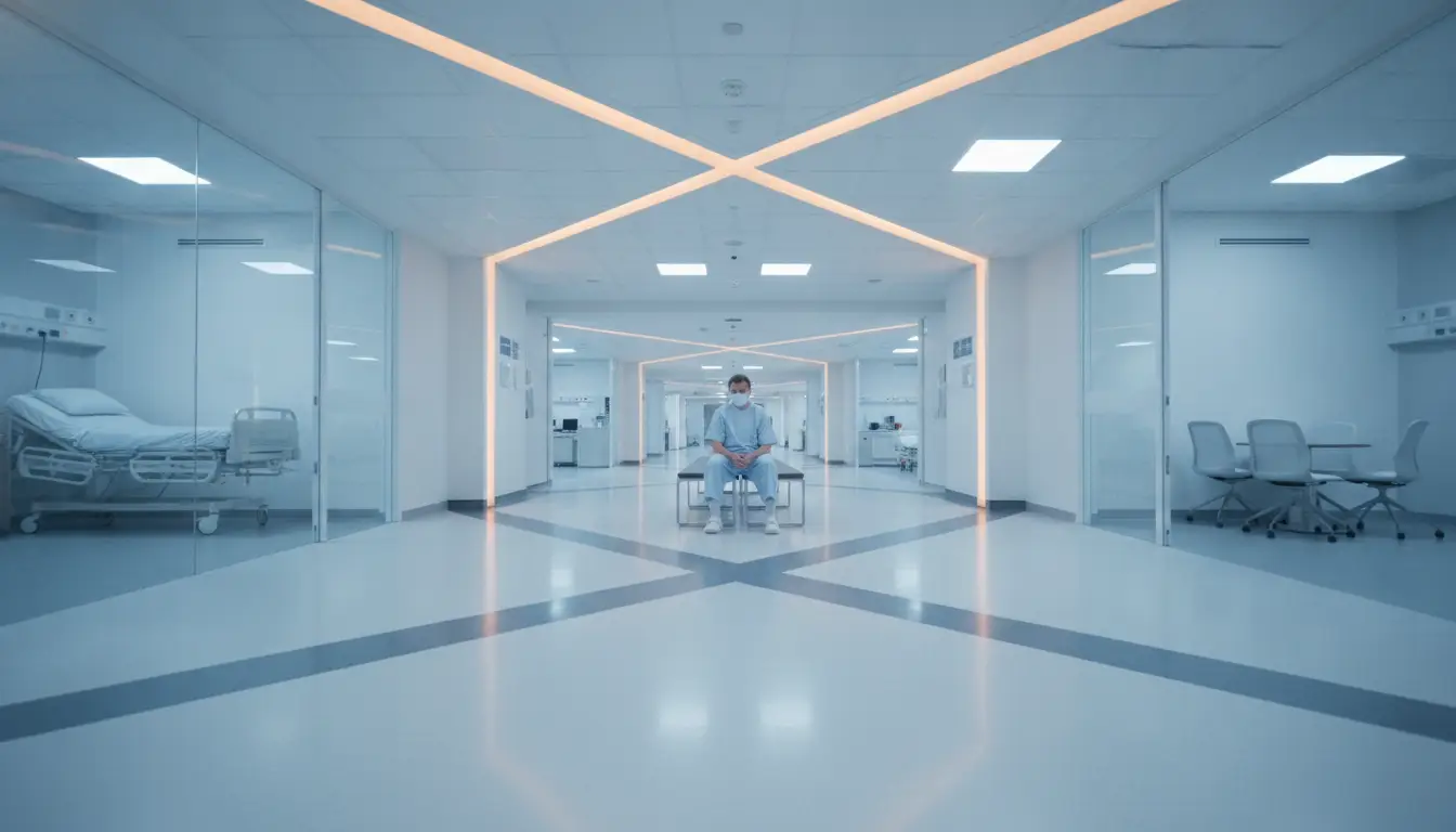 Man wearing mask sitting on bench in modern hospital corridor with bright lighting