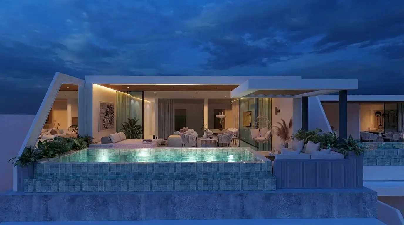 Modern rooftop terrace with illuminated pool and seating area under evening sky