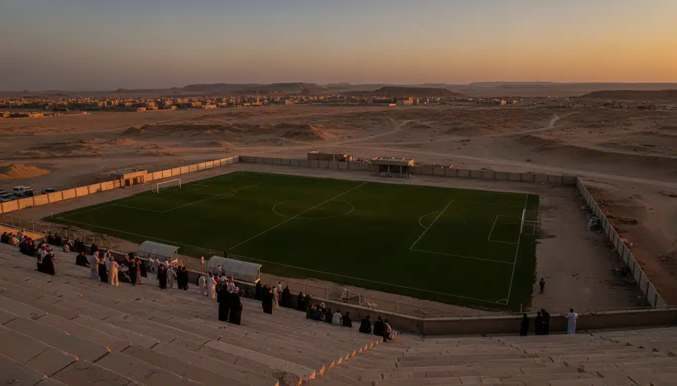 Football field in desert setting at dusk with spectators in bleachers