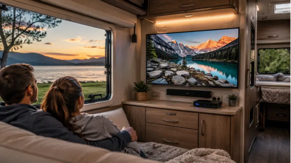 Couple watching nature scene on TV inside cozy RV with lake view at sunset