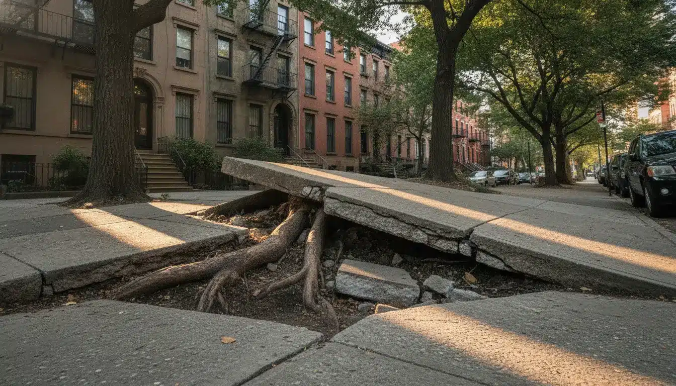 Tree roots lifting and cracking sidewalk in urban residential area with brownstone buildings