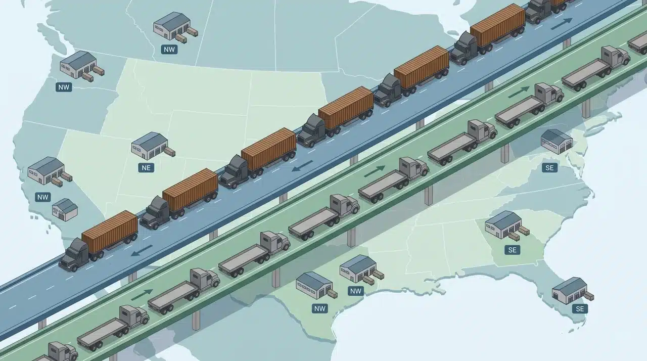Freight lane illustration showing outbound and backhaul truck movement