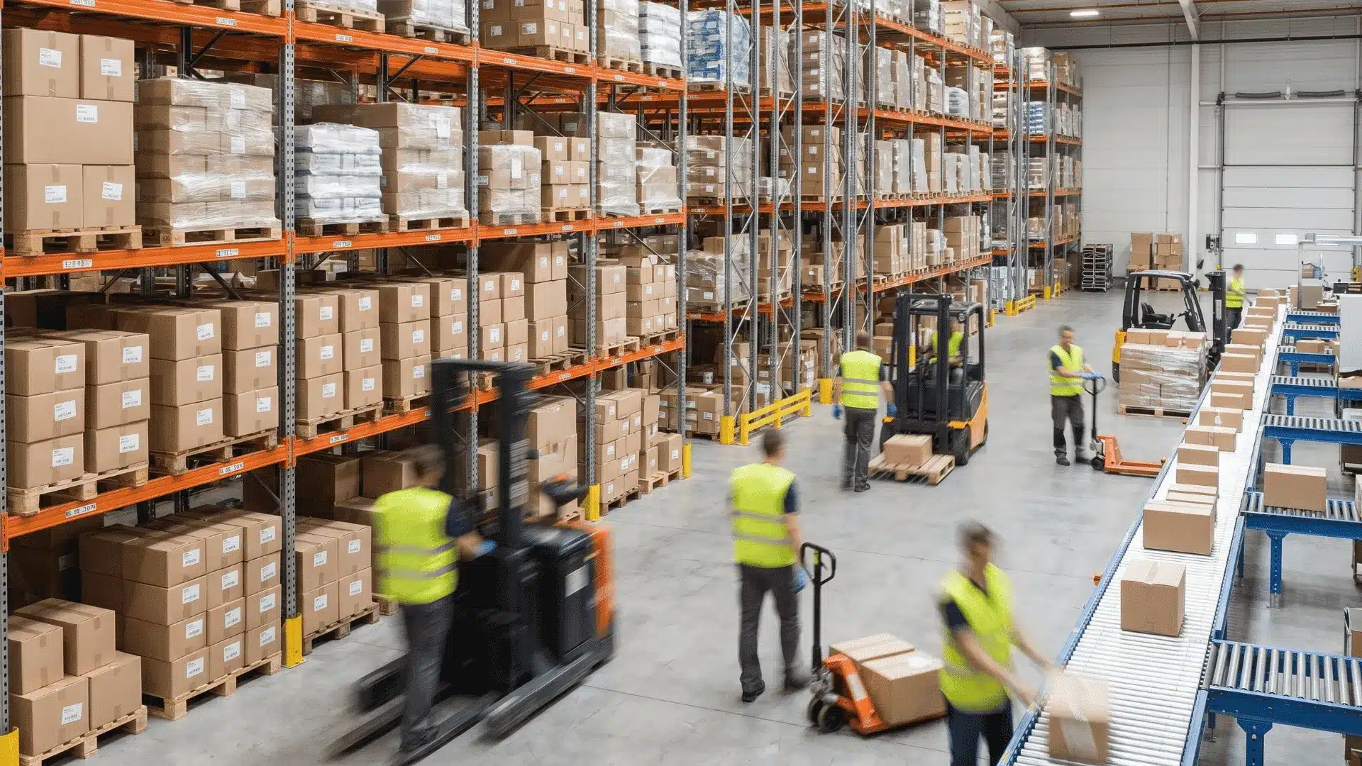 Warehouse workers using forklifts and conveyors to move boxed inventory between pallet racks in a busy distribution center.