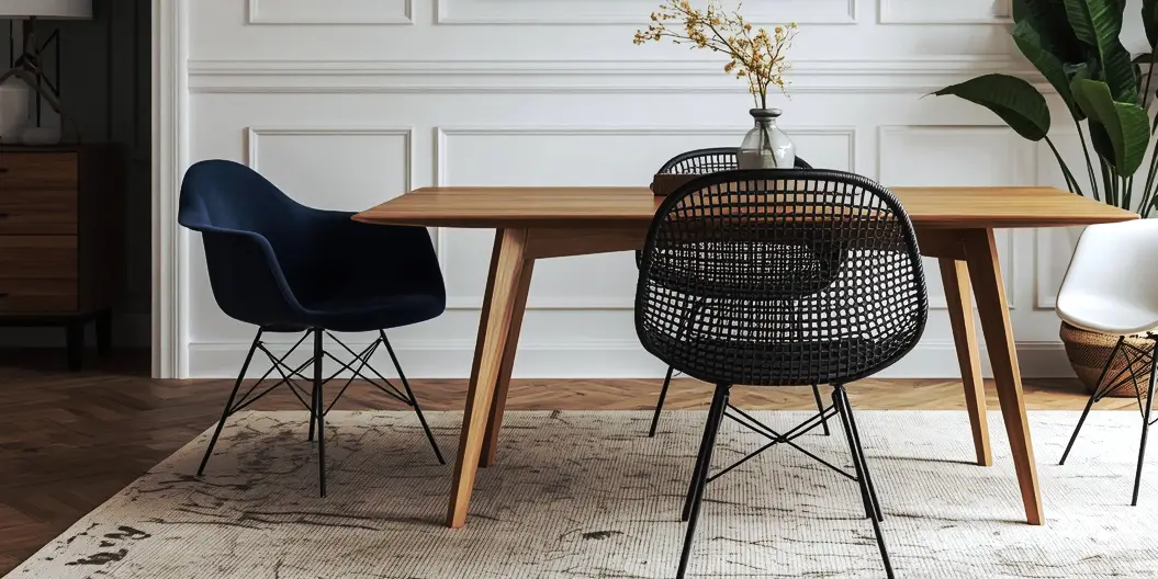 Mid-century modern dining room with wooden table, black and white chairs, and potted plant