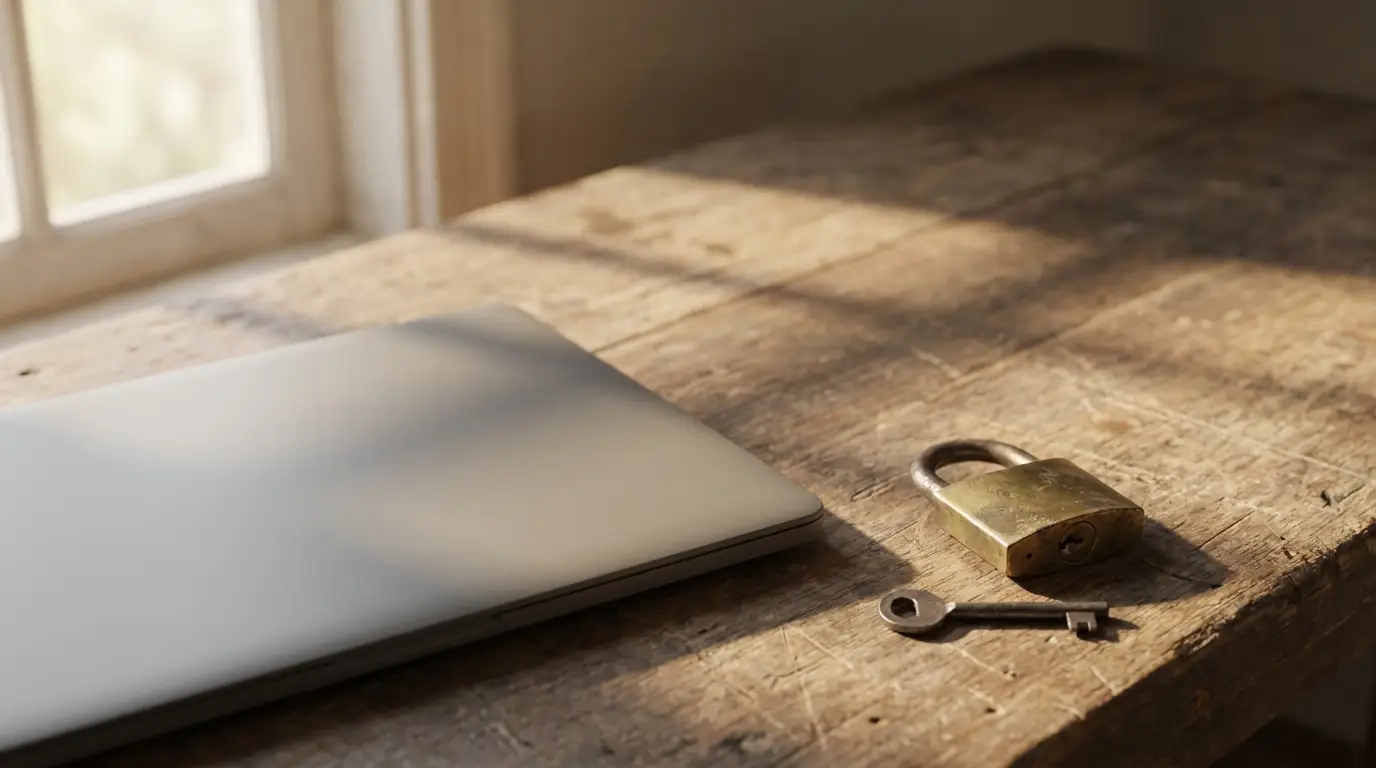 Closed silver laptop, brass padlock, and key on rustic wooden desk in natural light