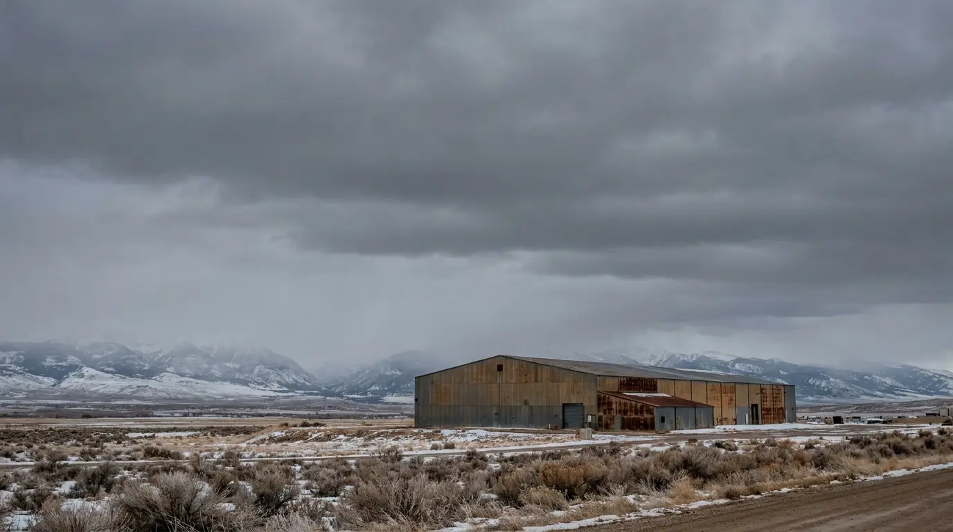 Rustic metal barn on snowy plain under overcast sky with mountain backdrop