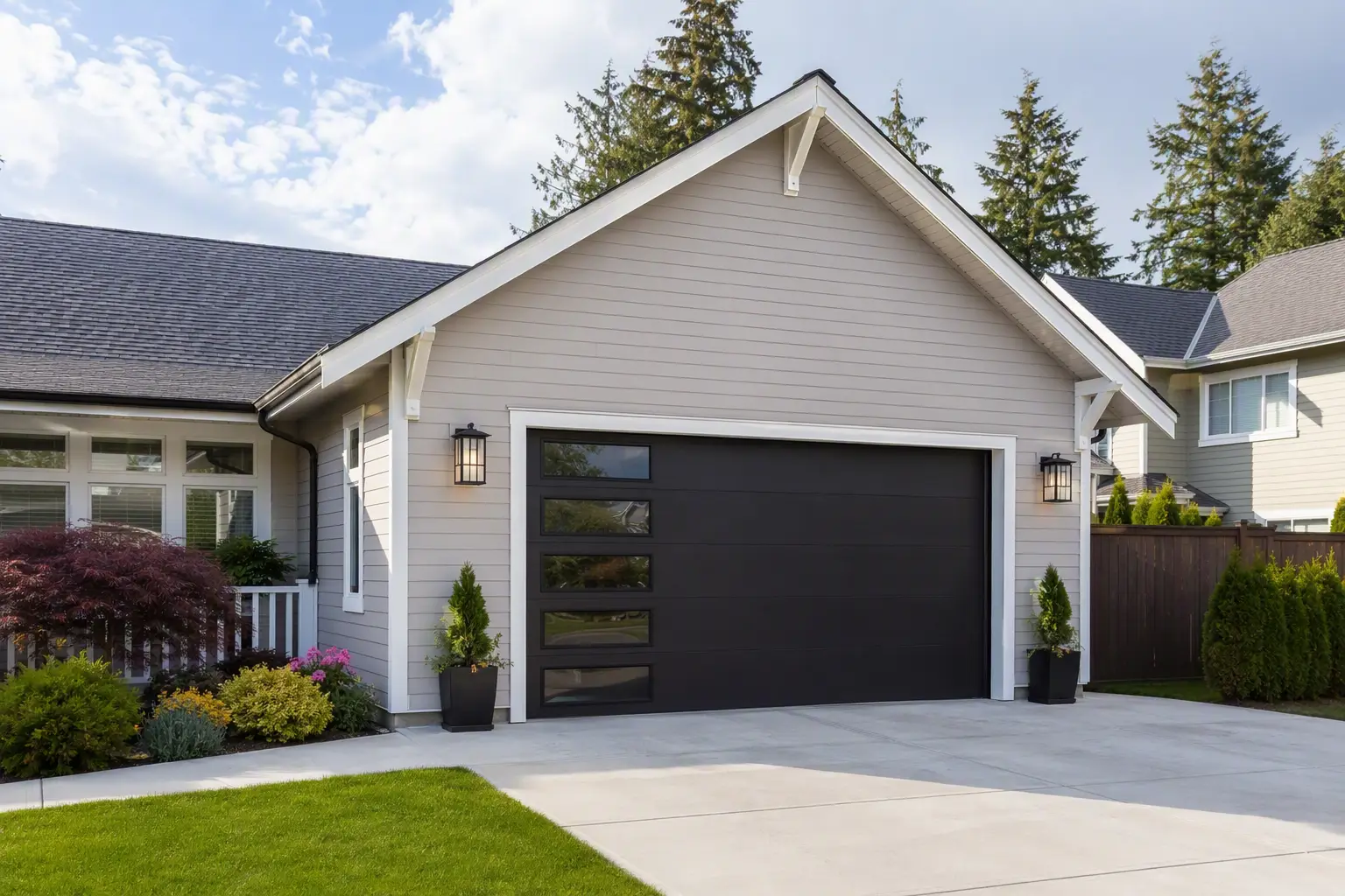 Modern house with gray siding and black garage door, surrounded by landscaped shrubs and green lawn