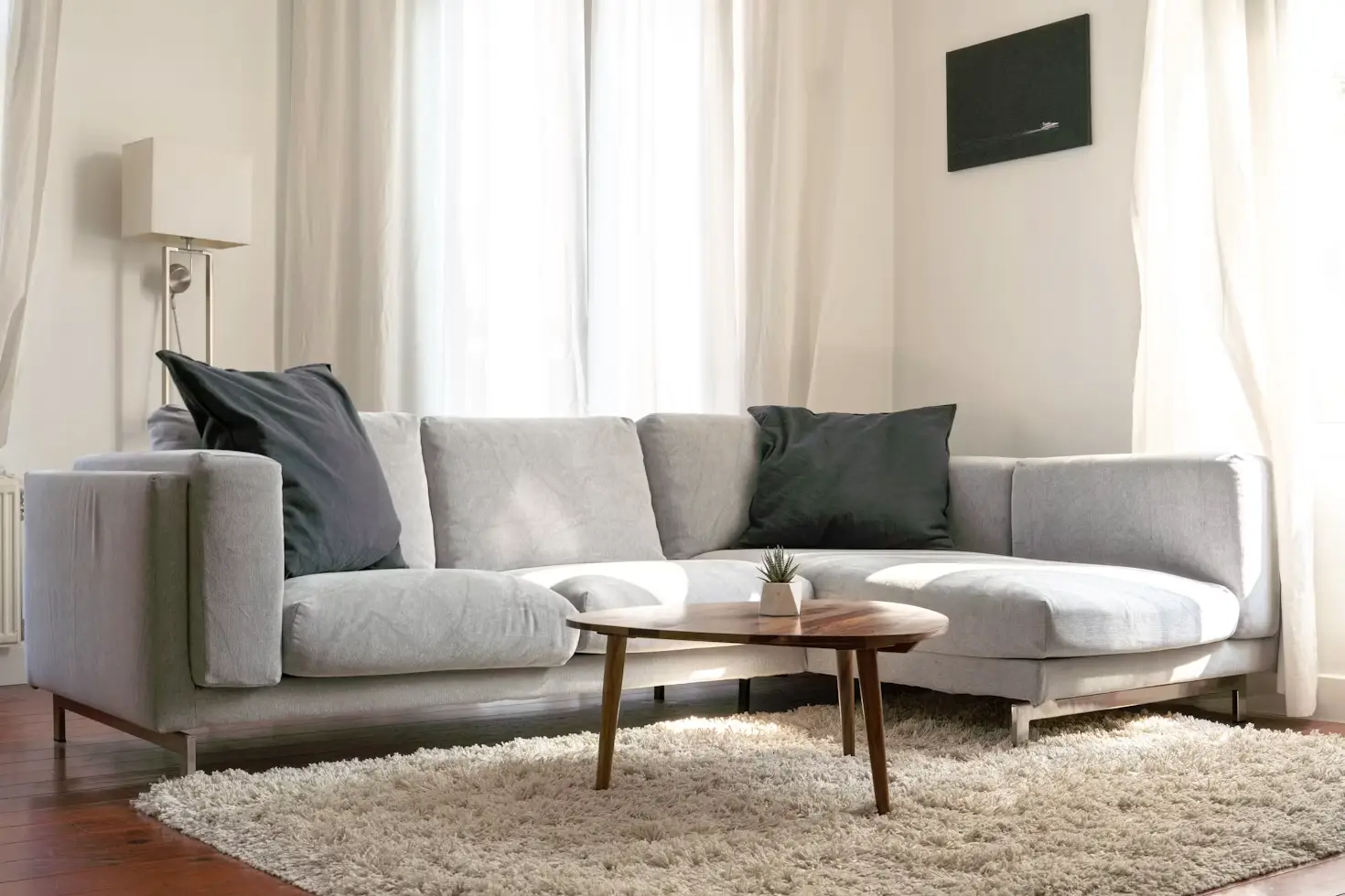 Gray sectional sofa with black pillows in sunlit living room, wooden coffee table on beige rug