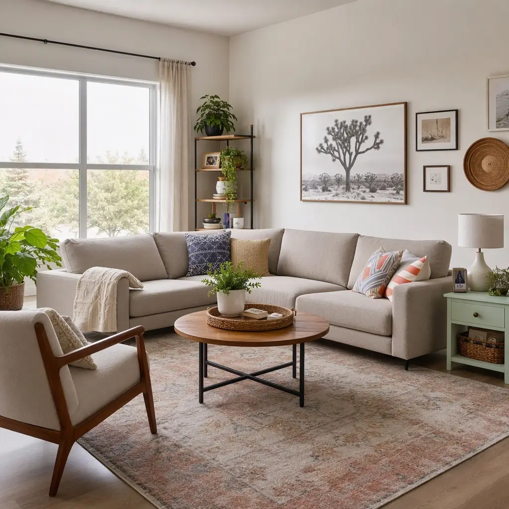 Cozy living room with beige sectional sofa, wooden coffee table, and potted plants near large window