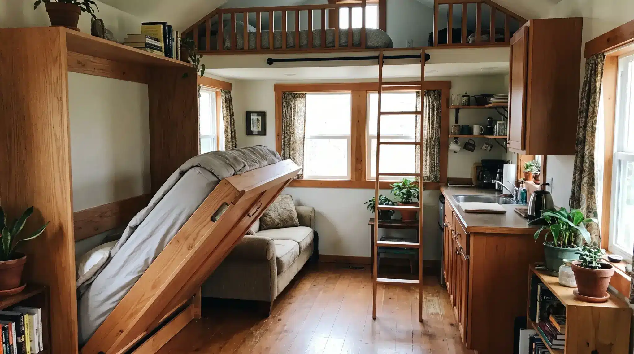 200-square-foot tiny bungalow interior with a fold-down bed, compact kitchen, living area, and optional loft