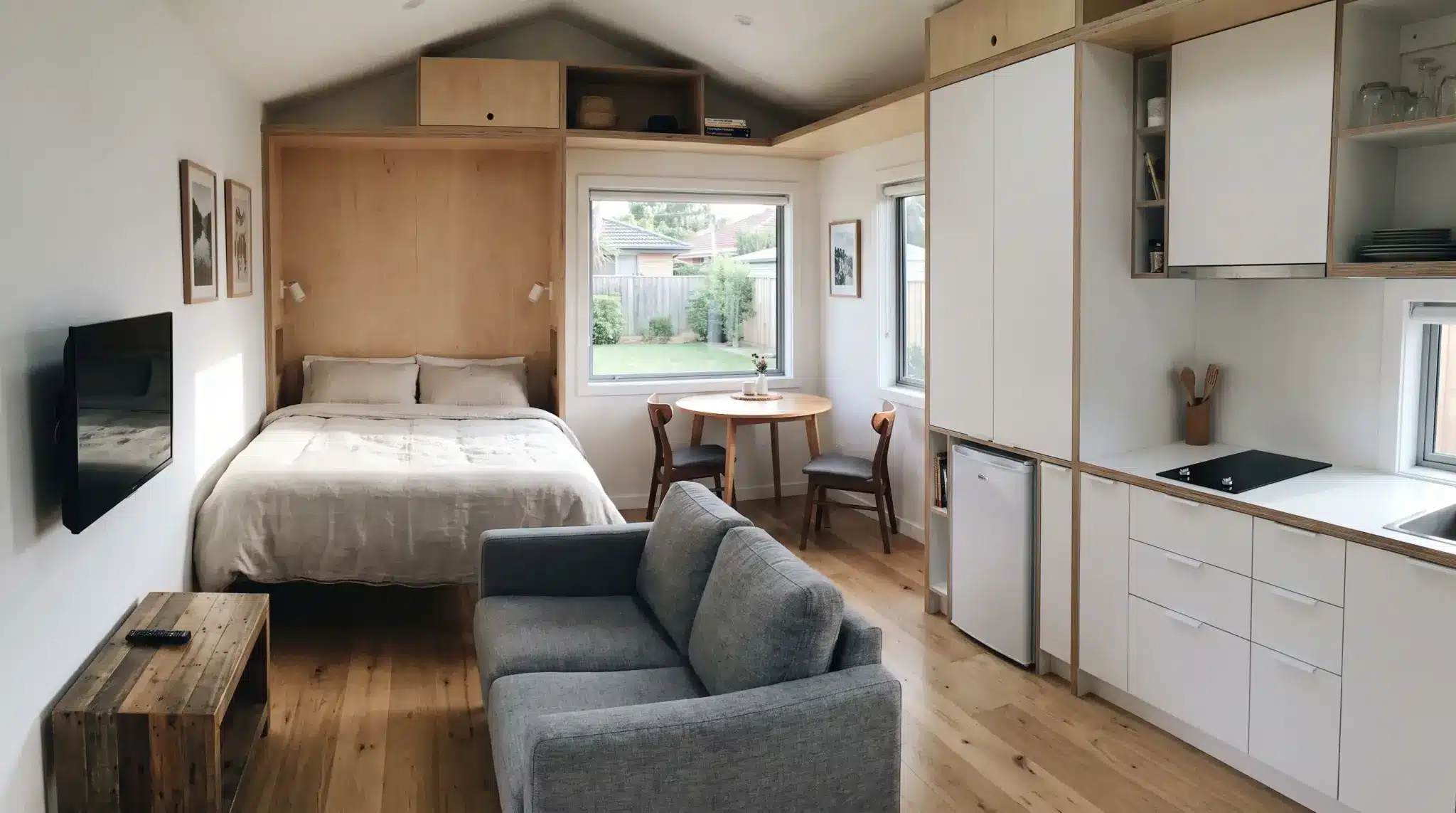 287-square-foot micro-cottage studio with an open sleeping area, compact kitchen, seating, and built-in storage