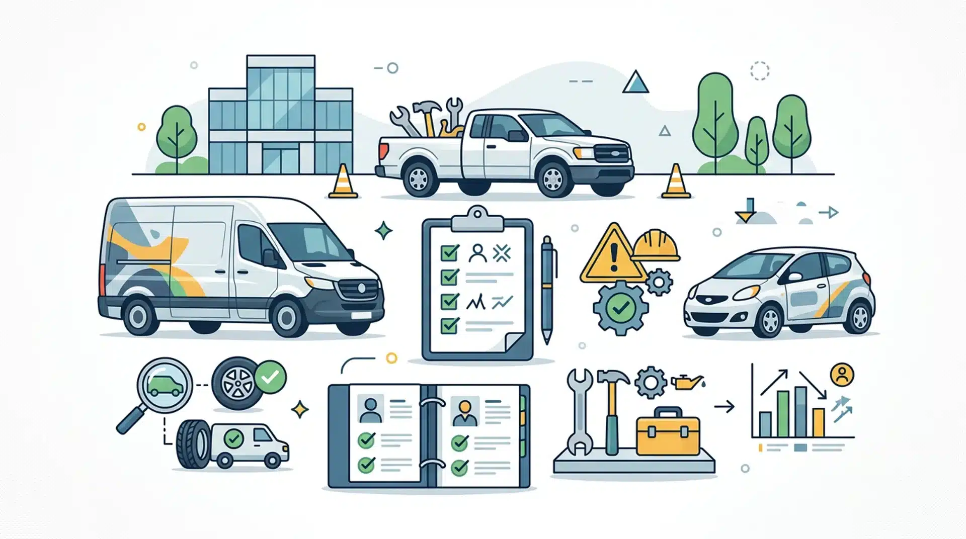 2D illustration of fleet vehicles, safety checks, driver records, and risk assessment planning.