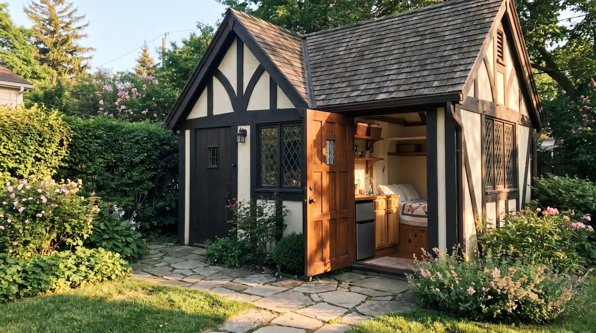 300-square-foot Tudor-style guest cottage with timber detailing, compact kitchenette, bedroom area, and garden setting