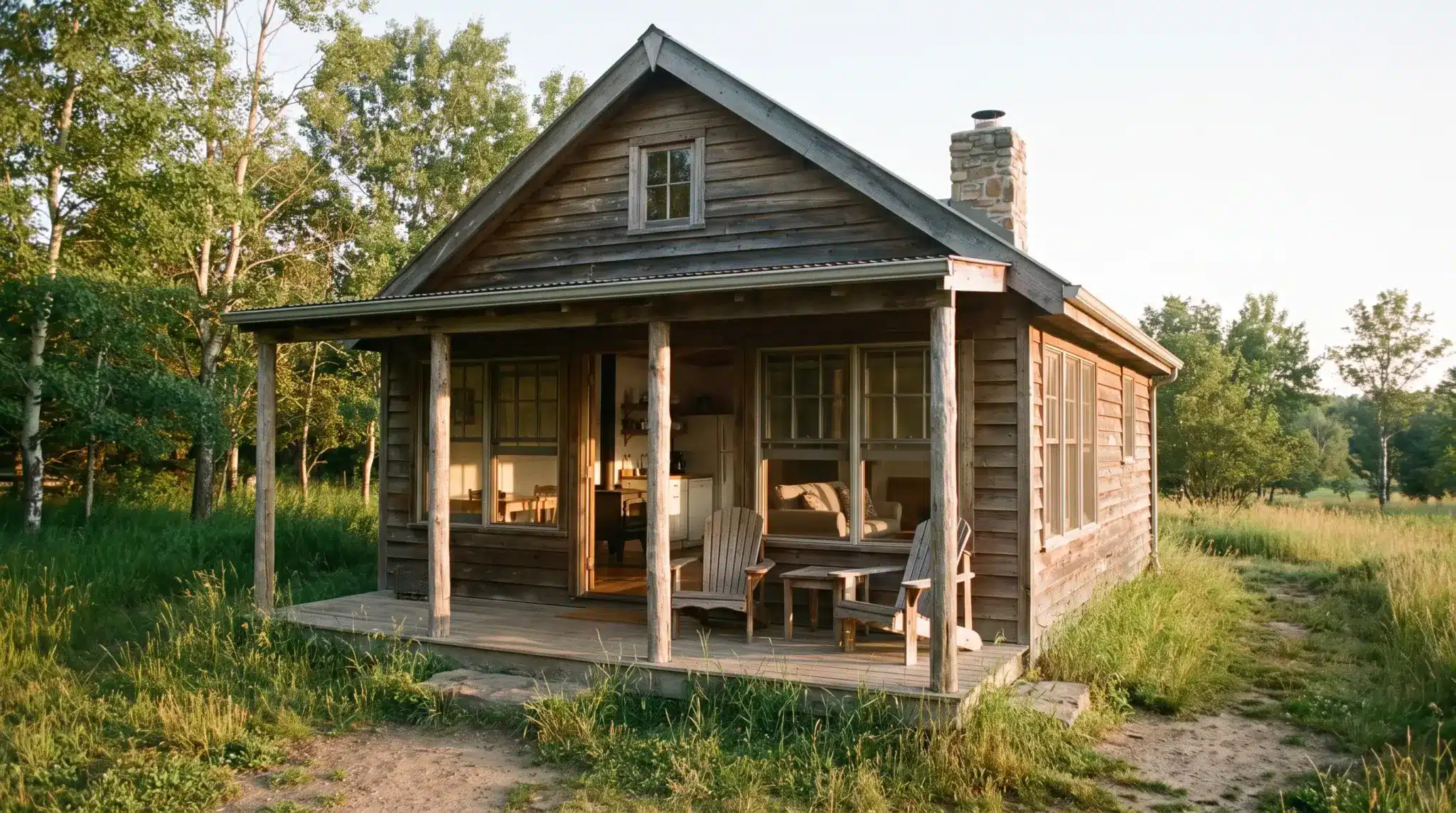 384-square-foot country cabin with a front veranda, central fireplace chimney, open living area, and rural setting