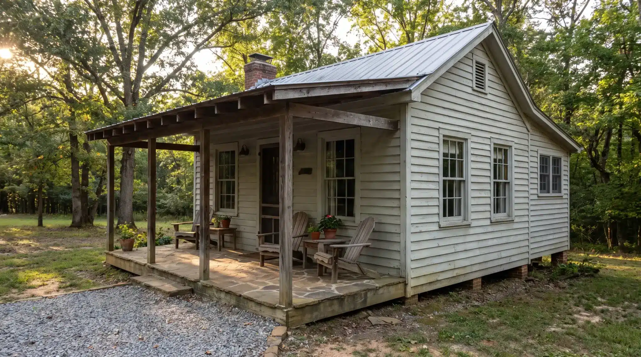 400-square-foot compact cottage with a covered porch, outdoor seating, simple siding, and natural landscaping