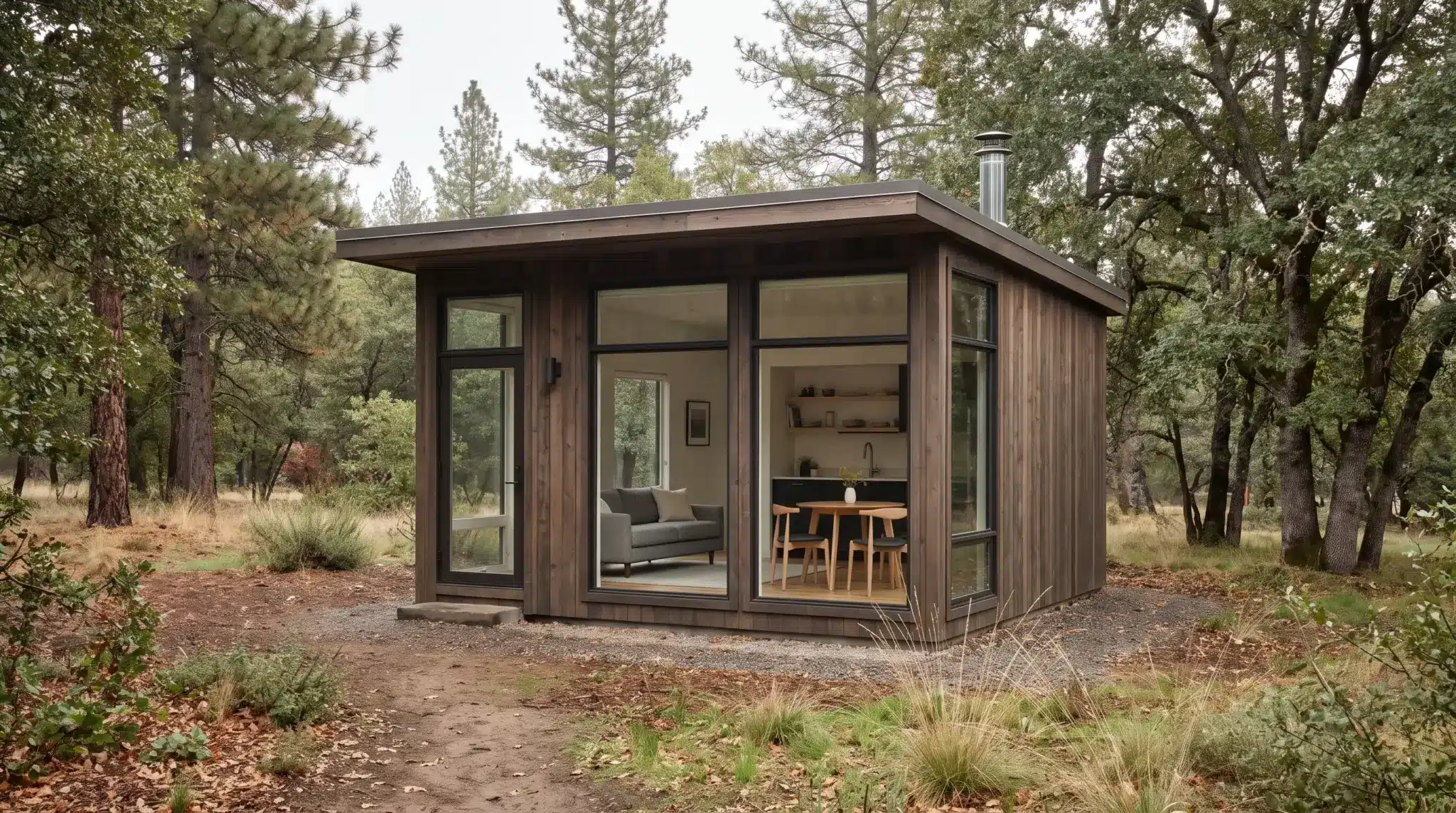 480-square-foot contemporary retreat cabin with open kitchen and living space surrounded by mature trees and greenery