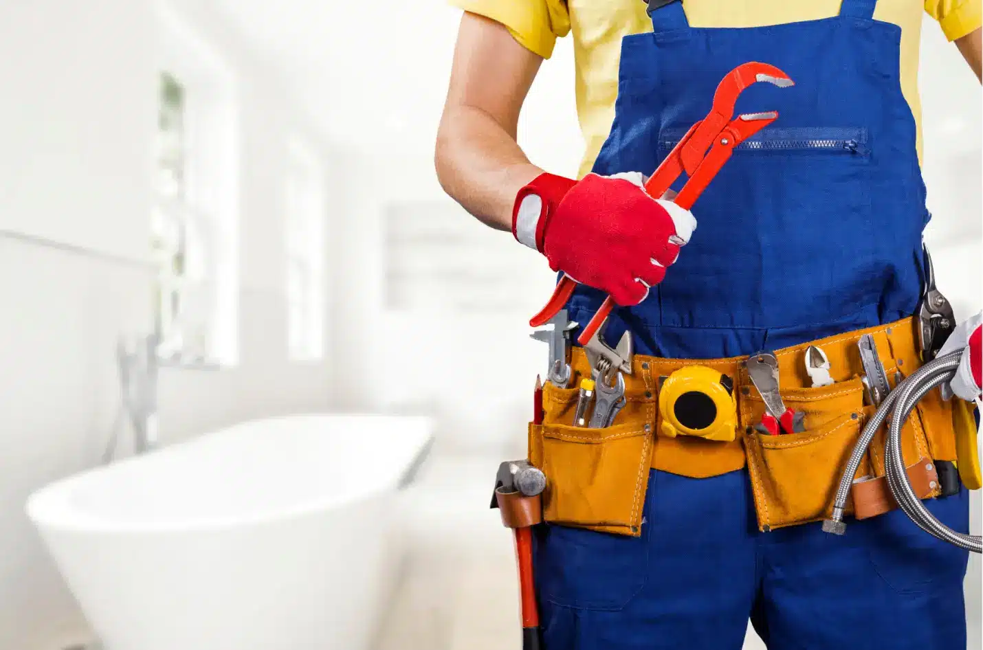 Plumber in blue overalls holding red wrench in modern bathroom setting