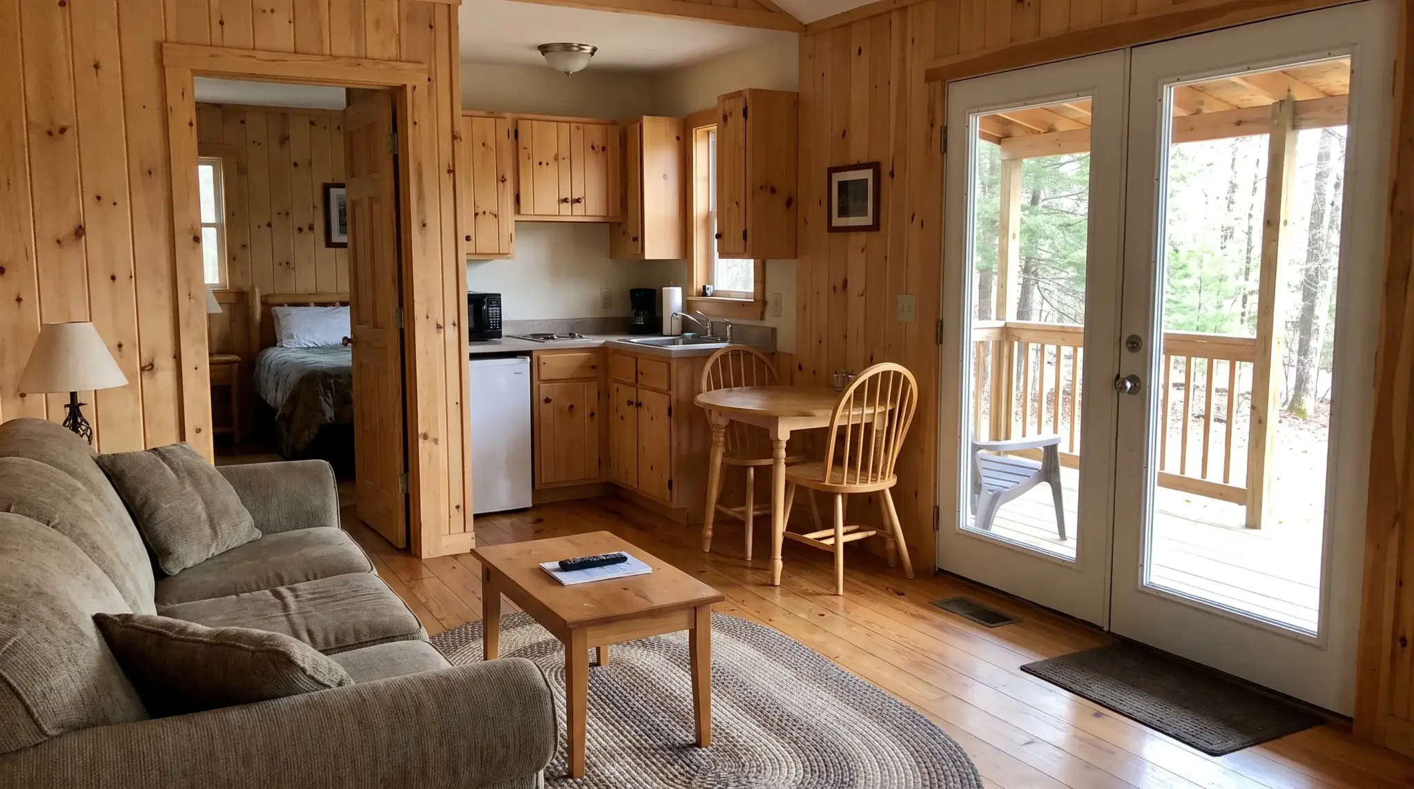 500-square-foot vacation cabin with a separate bedroom, open living area, compact kitchen, and covered porch