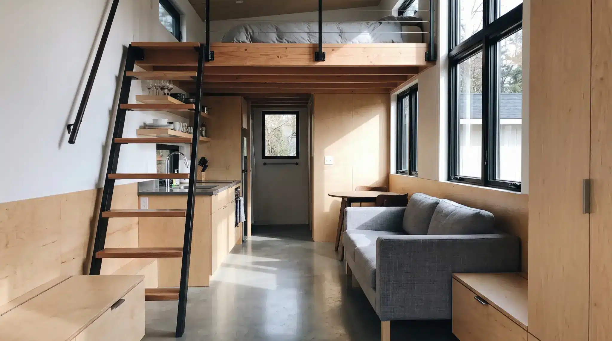 525-square-foot modern tiny home with an optional loft above an open living space, kitchen, and compact staircase