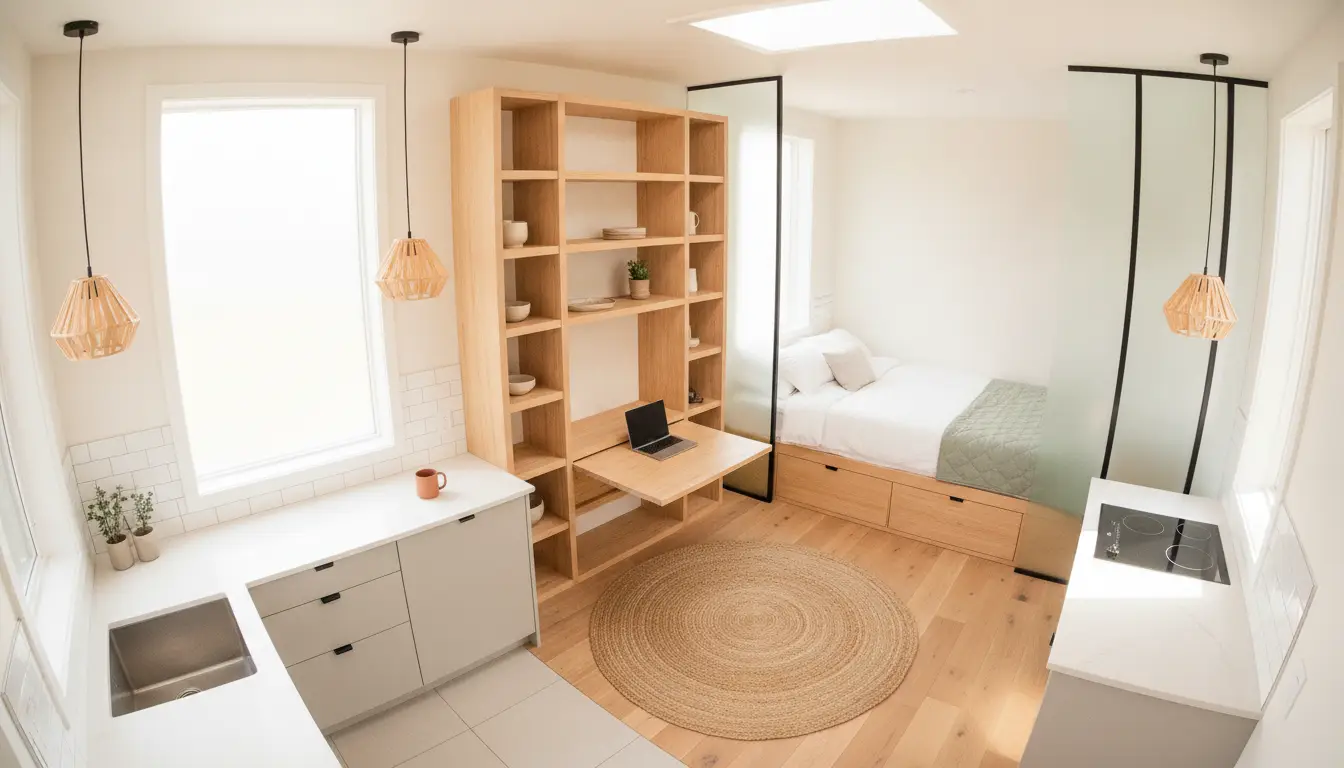 Modern tiny living space with pull-out desk, bed, and minimalist kitchen under natural light