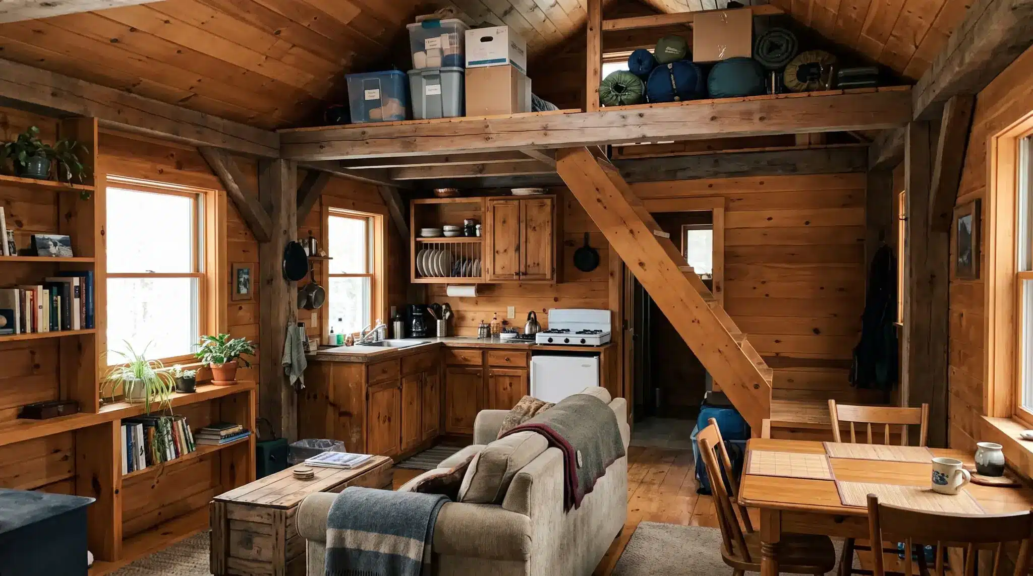 600-square-foot cabin with dedicated attic storage above a compact kitchen, living area, and built-in shelving