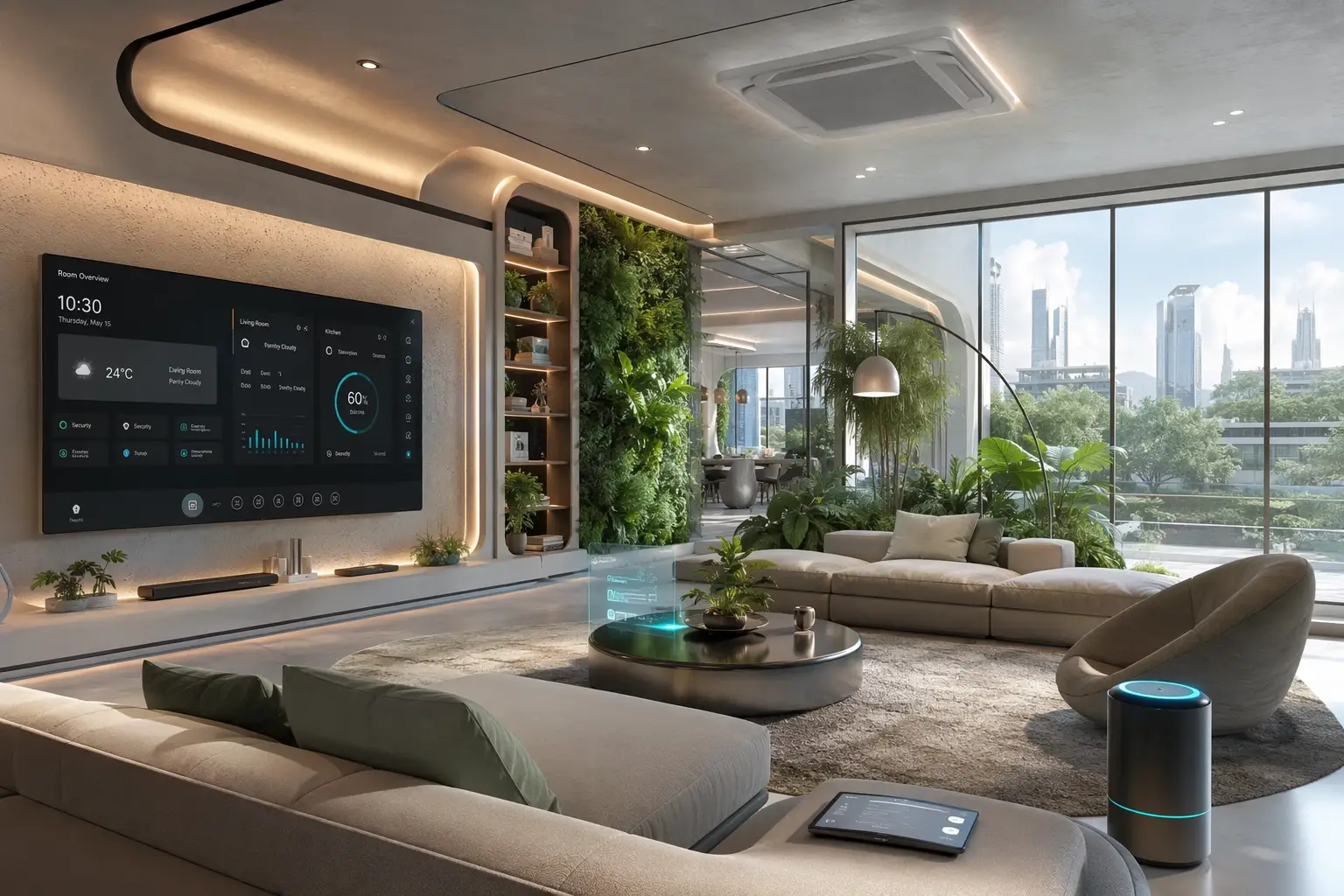 Smart living room with large digital display, modern sofas, and vertical plant wall in bright environment